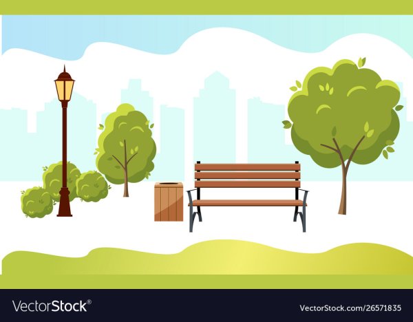 Сквер с лавочками деревьями и фонарями