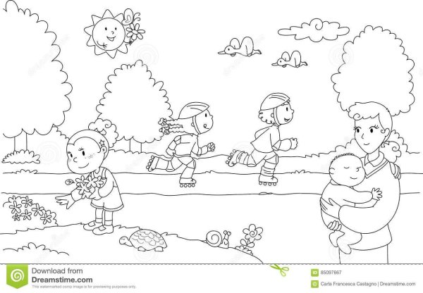 Раскраска дети гуляют в парке