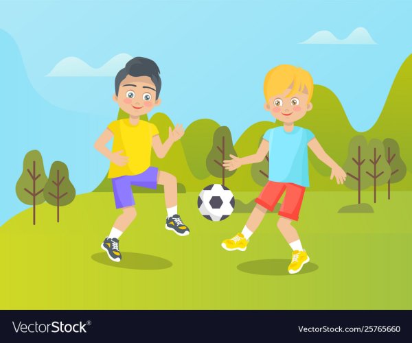 Два мальчика играют в футбол мультяшная