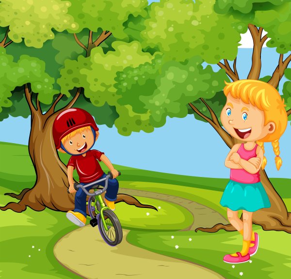 Дети на велосипедах в парке рисунок
