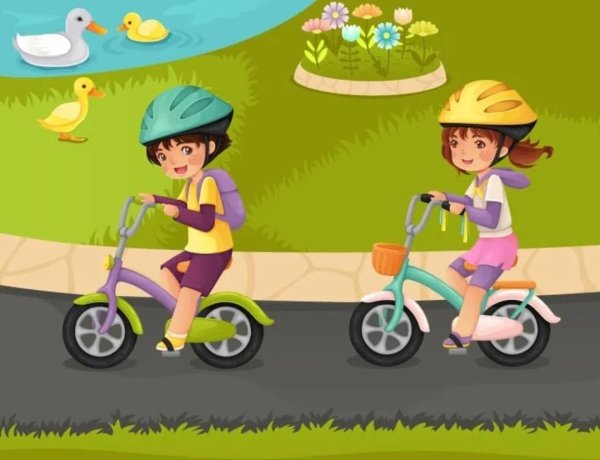 Дети катаются на велосипеде и самокате