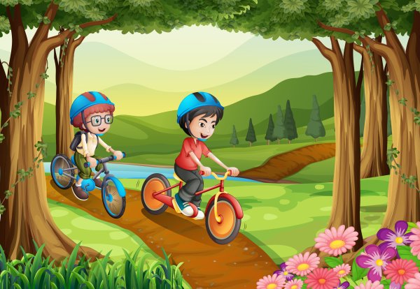 Дети на велосипедах в парке рисунок