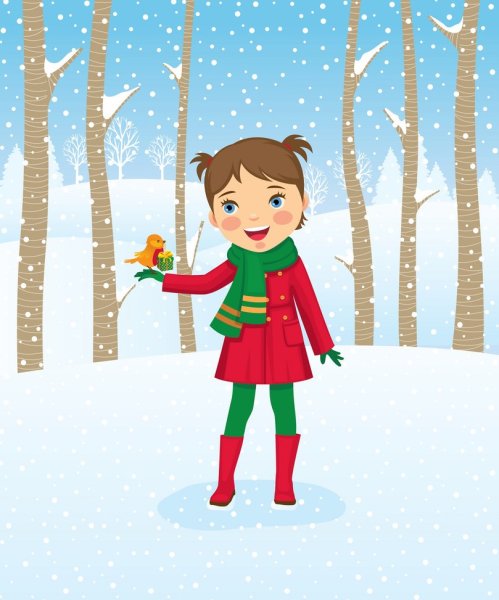 Девочка в зимнем детям нарисованная