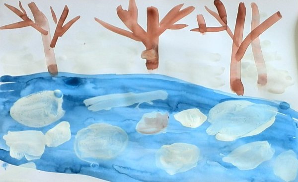 Рисование ледоход на реке в старшей группе Колдина