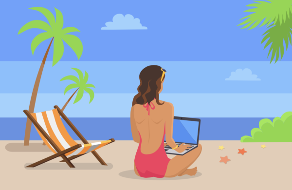 Сидеть под пальмой с ноутбуком