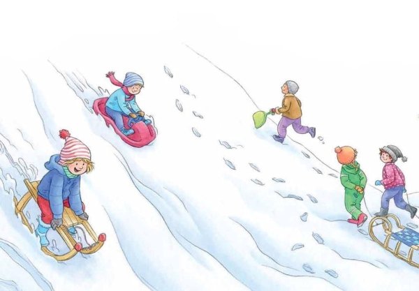 Раскраски горка, Раскраска мальчик катается на портфеле снег горка солнышко Зимние.
