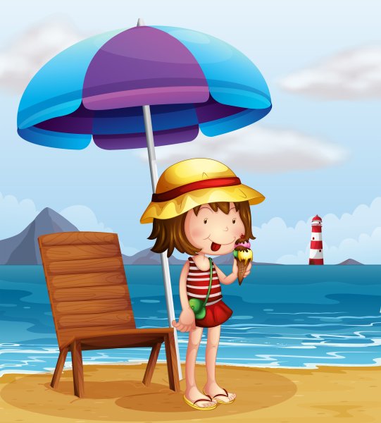 Девочка на море ест мороженое