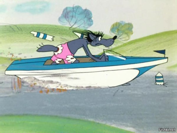 Волк из ну погоди на лодке по дороге