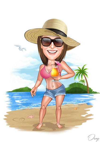 Карикатура девушка на пляже
