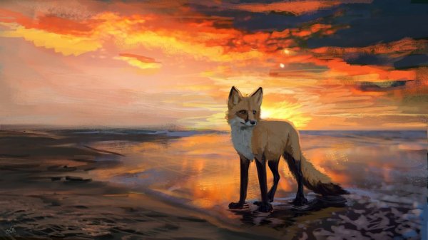 Лиса на закате арт