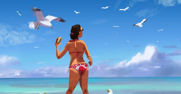 Девушка на пляже арт