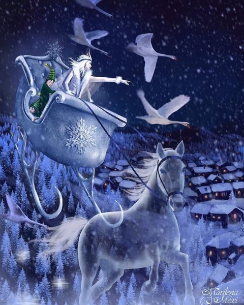 Снежная Королева и Кай в санях