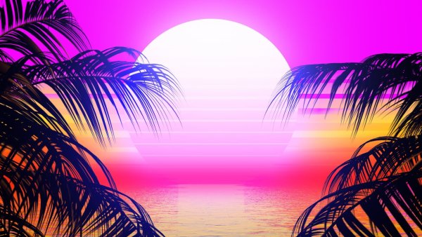 Солнце с пальмами в стиле 80