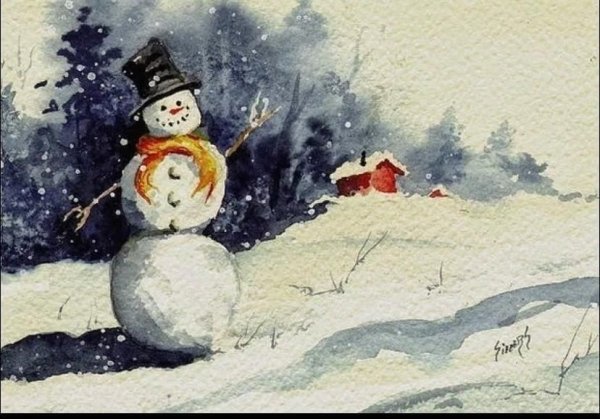 Зимний пейзаж со снеговиком