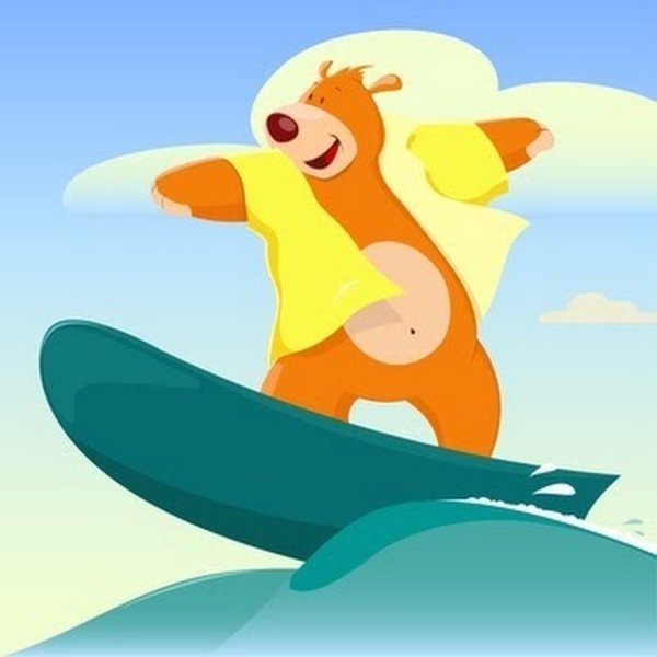 Медведь на доске для серфинга