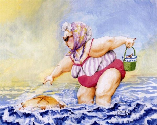 Бабушка на пляже рисунок