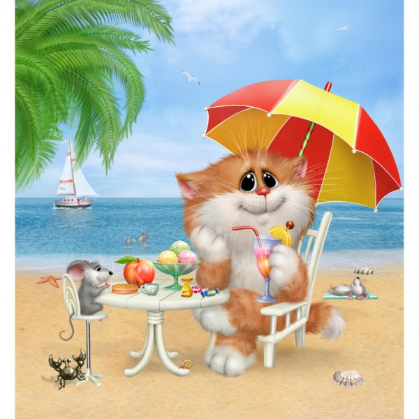 Кот отдыхает на море