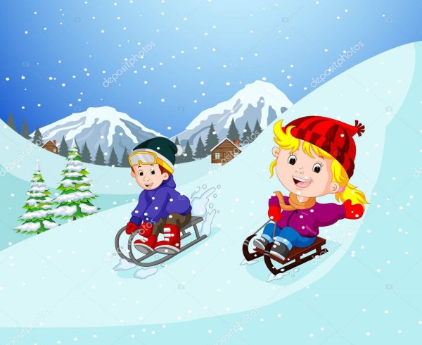 Дети играющие в снегу мультяшный