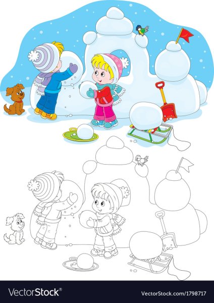 Дети лепят снежную крепость