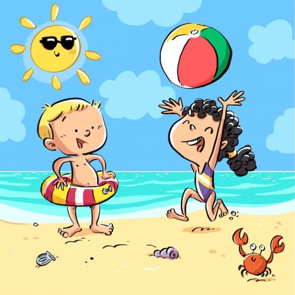 Мультяшный ребенок на пляже