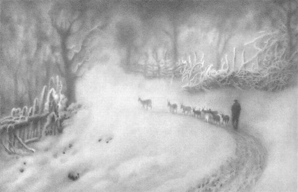 Снежный пейзаж карандашом