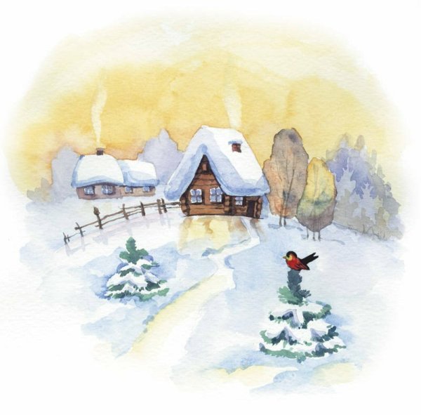 Новогодний пейзаж акварелью