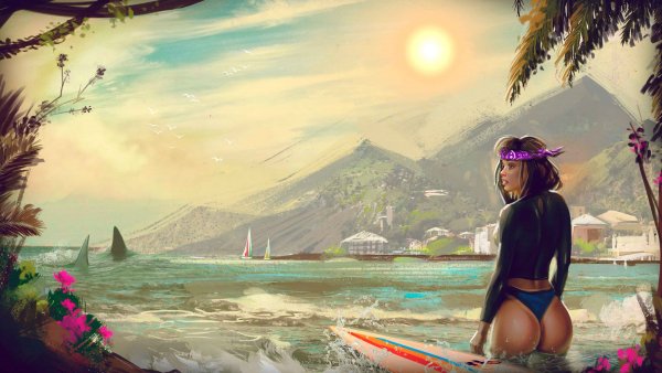 Девушка на фоне моря арт