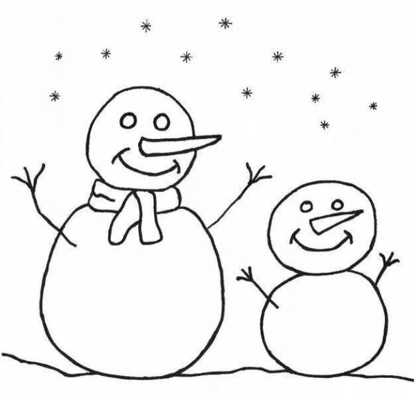Семейство снеговиков стоит около дома в зимний день. Детский рисунок-аппликация