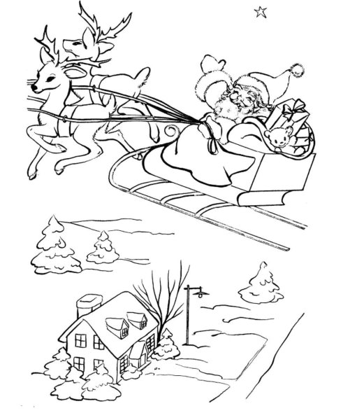 Раскраска дед Мороз с оленями