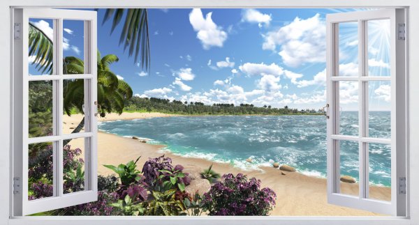 Фотообои окно с видом на пляж