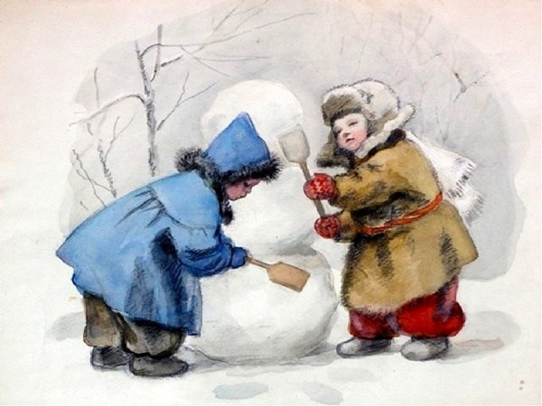 Картина дети лепят снеговика