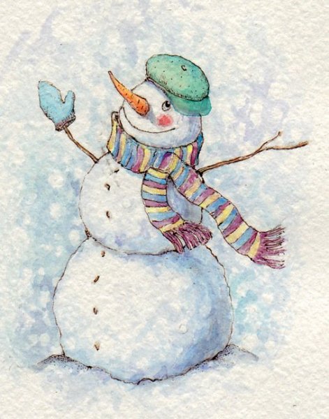 Снеговик акварелью для детей