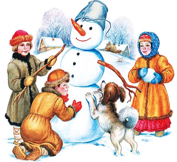 Дети лепят снежную бабу