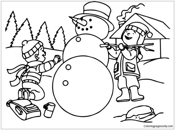 Раскраска снеговик дети. Дети лепят снеговика