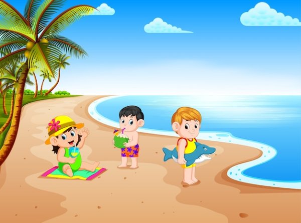 Дети на пляже на белом фоне
